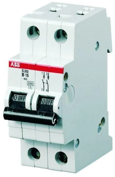ABB Automatsäkring c 6a, 2-polig c-karakteristik, brytförmåga 6ka, 230/400v ac, 35mm bred s202-c6